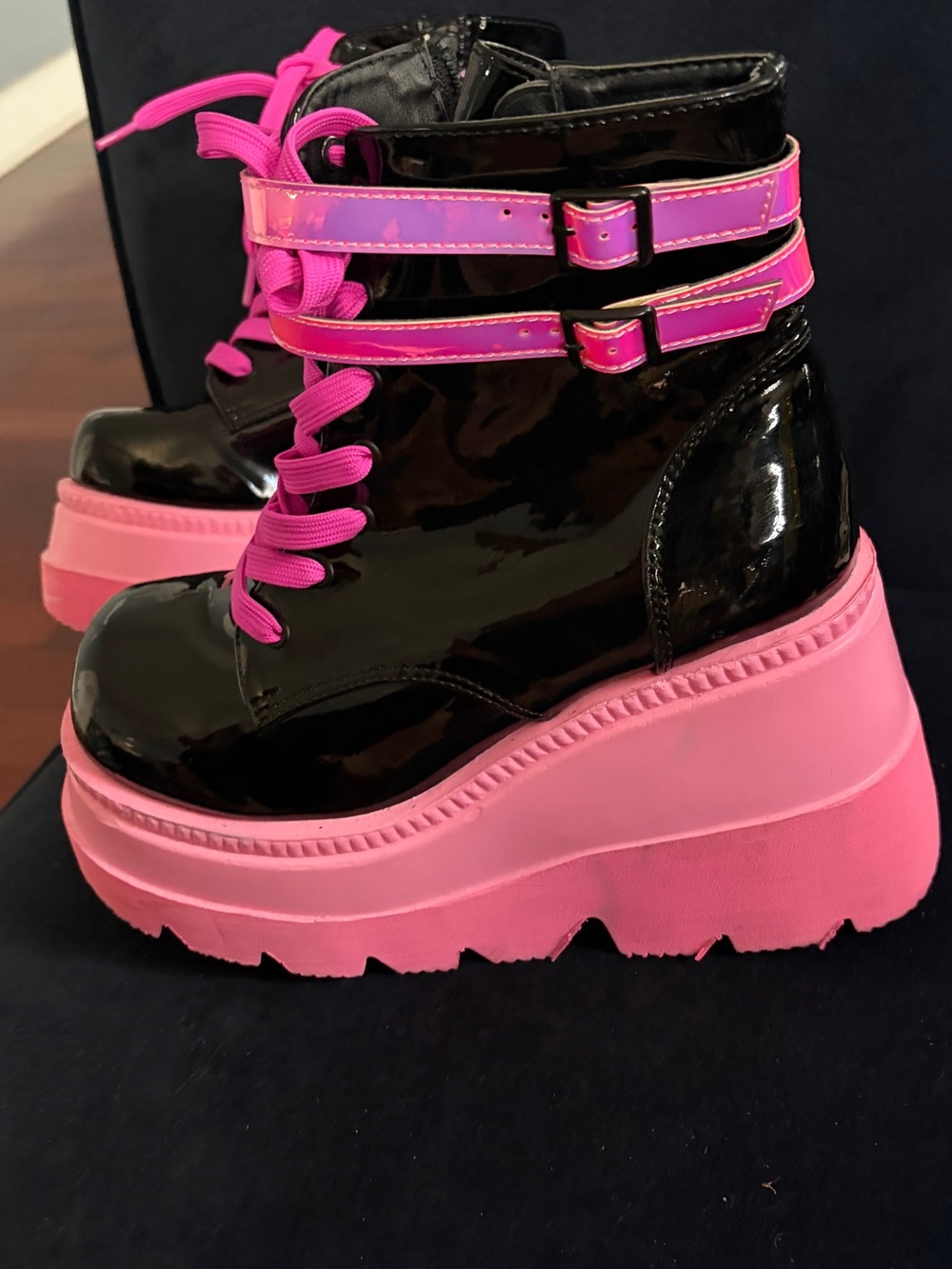 Patent Black Platform Lace-Up Boots with Hot Pink Accents - Picture 2 of 6
